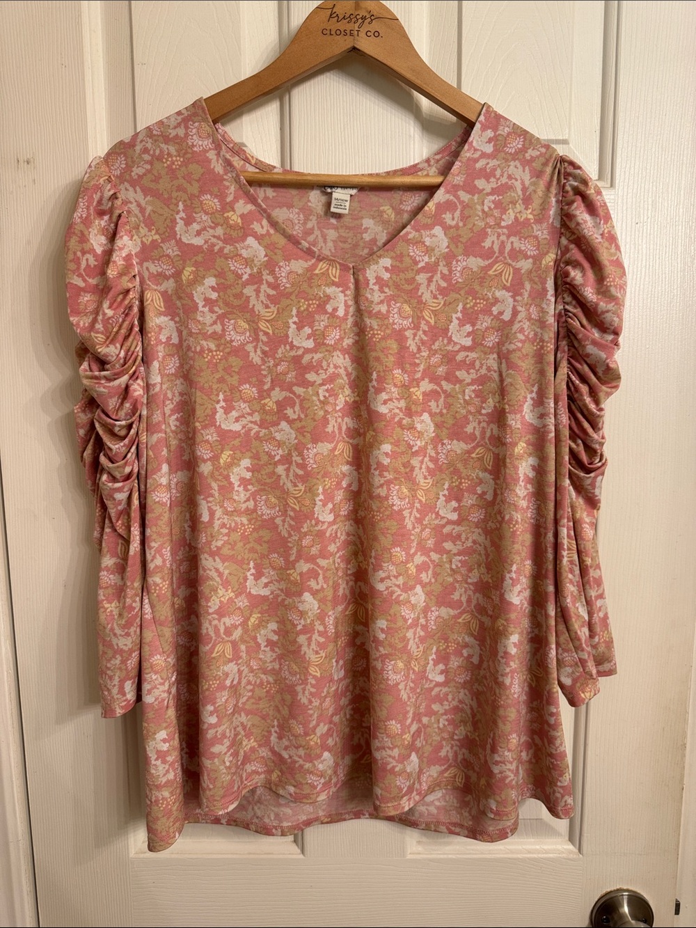 Cato Pink Floral V-Neck Long Sleeve Top with Ruched Sleeves